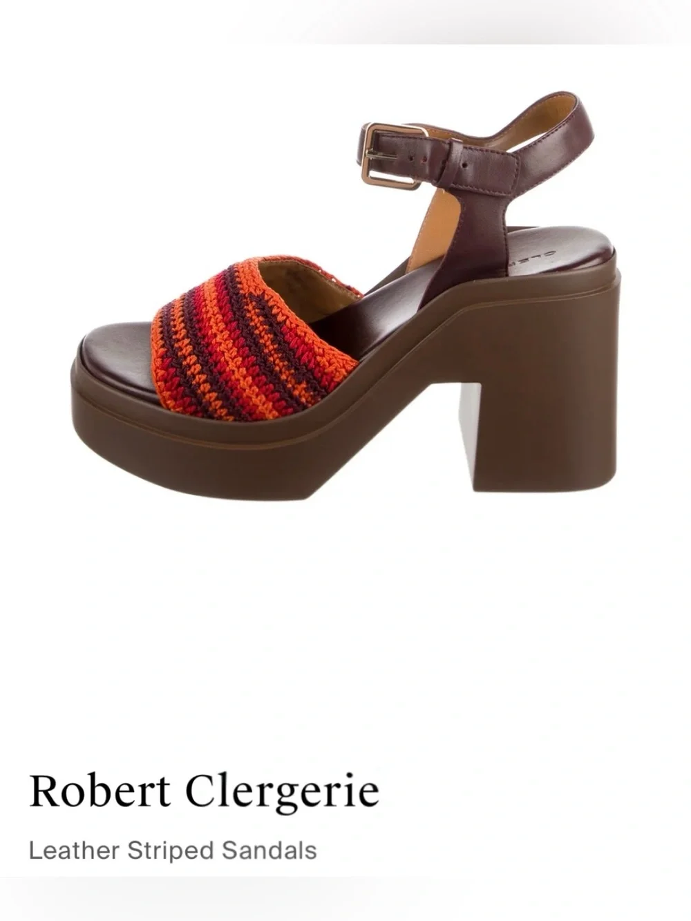 New in box Robert Clergerie Brown & Red Striped Leather Platform Sandals